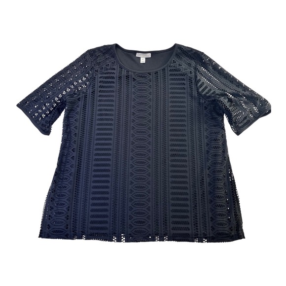 Dana Buchman Tops - Dana Buchman Black Lace Elbow Sleeve Geometric Eyelet Blouse sz XL Office Goth